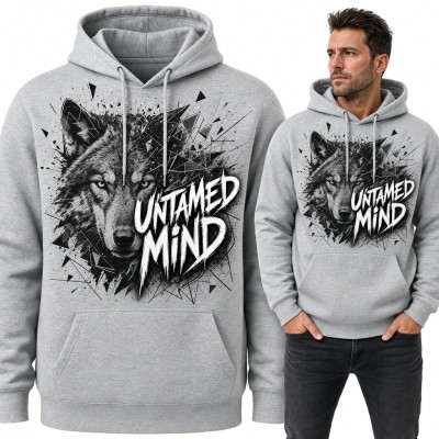Bluza męska z kapturem - wilk w odłamkach i napis „Untamed Mind”