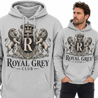 Bluza męska z kapturem - herb z lwami i koroną „Royal Grey Club”
