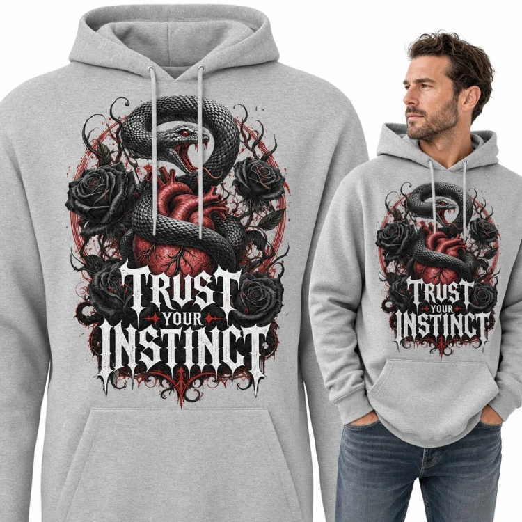 Bluza męska z kapturem - wąż oplatający serce wśród czarnych róż „Trust your instinct”