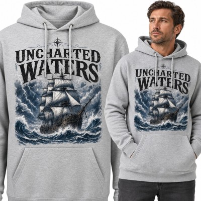 Bluza męska z kapturem - żaglowiec w sztormie „Uncharted Waters” dla żeglarza