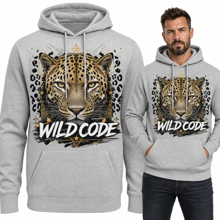 Bluza męska z kapturem - lampart w cętkach z napisem „Wild Code”