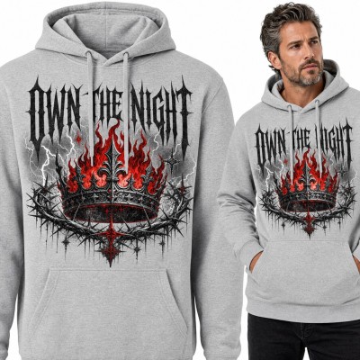 Bluza męska z kapturem - płonąca korona w cierniach i gotycki napis „Own the Night”