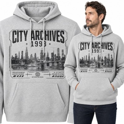Bluza męska z kapturem - „City Archives 1993” z panoramą metropolii i mostem