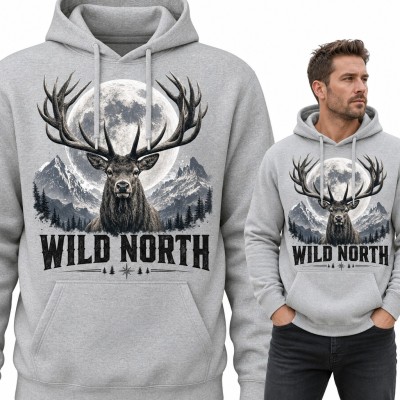 Bluza męska z kapturem - jeleń z porożem na tle pełni i gór „Wild North” dla myśliwego