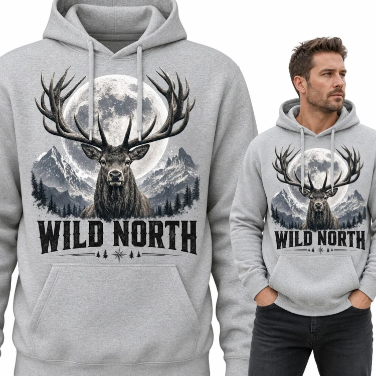 Bluza męska z kapturem - jeleń z porożem na tle pełni i gór „Wild North” dla myśliwego