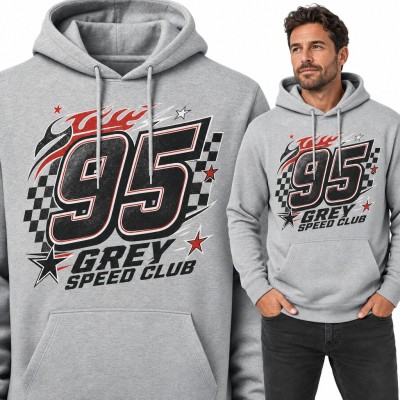 Bluza męska z kapturem „95 Grey Speed Club” - wyścigowy numer z szachownicą
