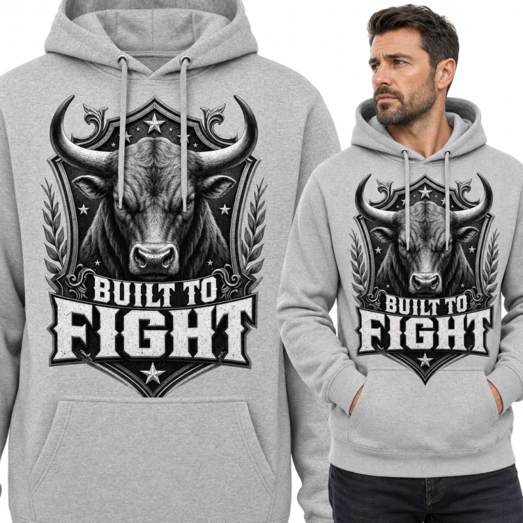 Bluza męska z kapturem - byk na herbowej tarczy „Built to fight”