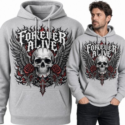 Bluza męska z kapturem - czaszka ze skrzydłami i różami „Forever alive”