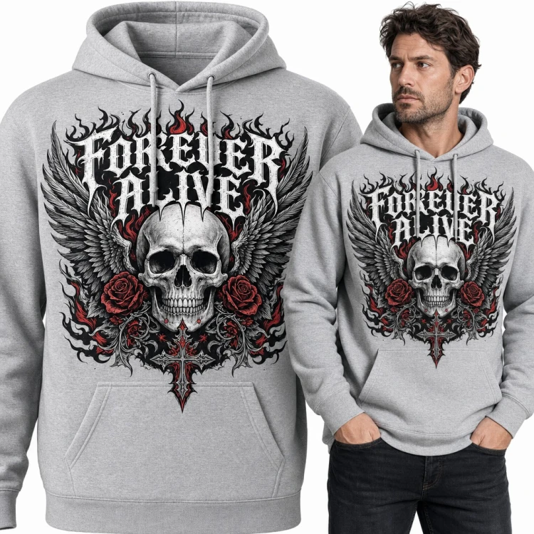 Bluza męska z kapturem - czaszka ze skrzydłami i różami „Forever alive”