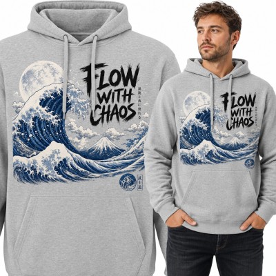Bluza męska z kapturem - wielka fala, góra Fuji i księżyc z napisem „Flow with chaos”
