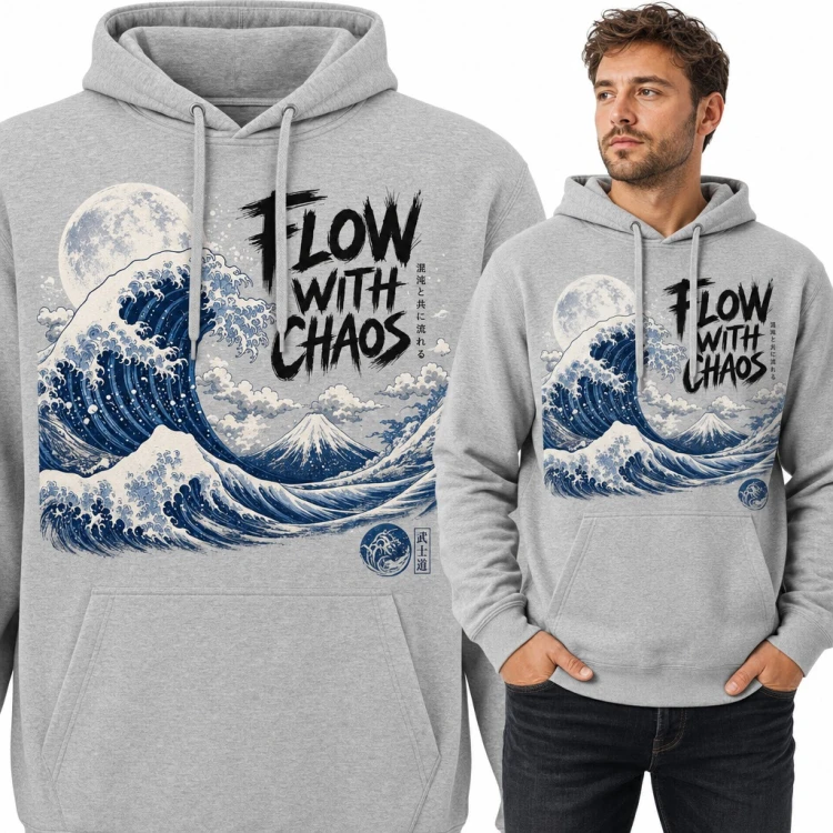 Bluza męska z kapturem - wielka fala, góra Fuji i księżyc z napisem „Flow with chaos”