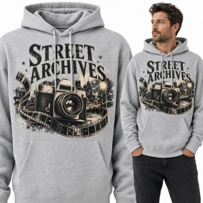 Bluza męska z kapturem - retro aparat i taśma filmowa „Street Archives” dla fotografa