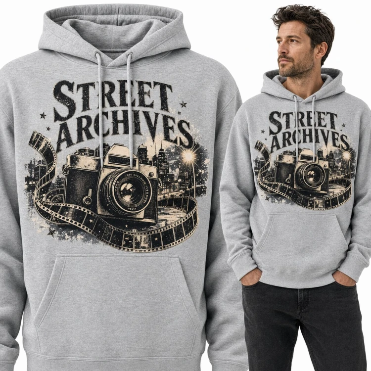 Bluza męska z kapturem - retro aparat i taśma filmowa „Street Archives” dla fotografa