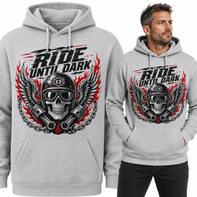 Bluza męska z kapturem - czaszka motocyklisty w kasku ze skrzydłami „Ride until dark”