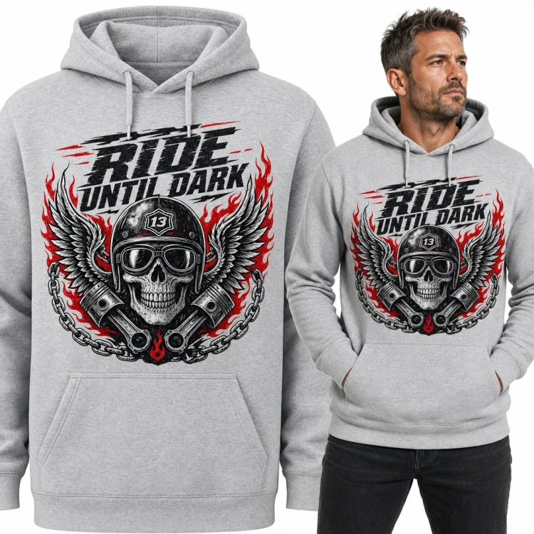 Bluza męska z kapturem - czaszka motocyklisty w kasku ze skrzydłami „Ride until dark”