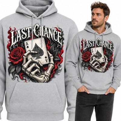 Bluza męska z kapturem - „Last Chance” as pik w dłoni szkieletu dla pokerzysty