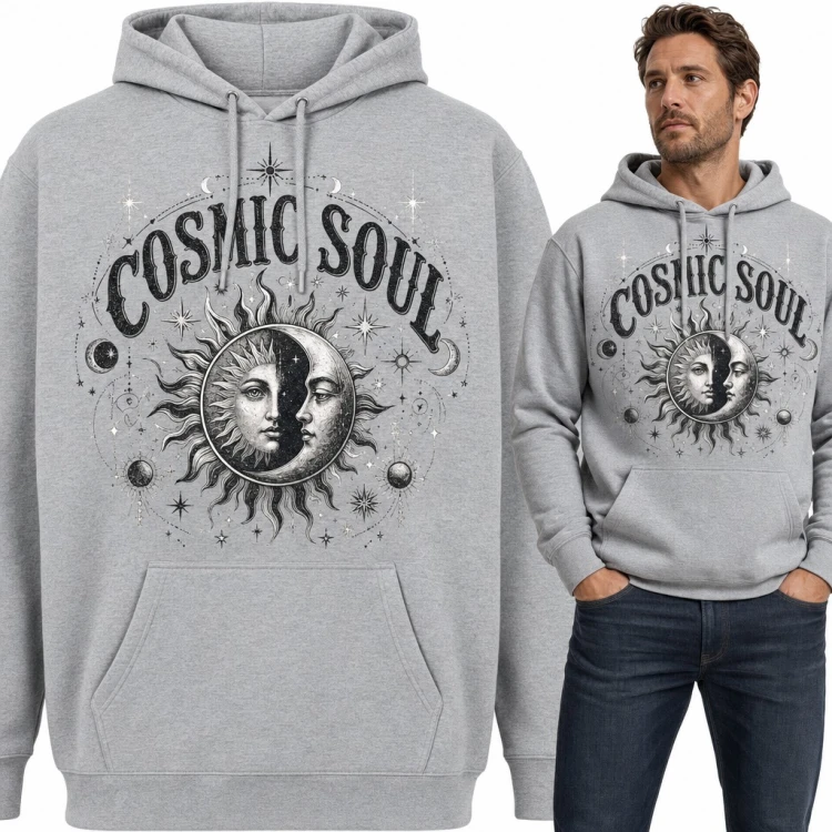 Bluza męska z kapturem - słońce i księżyc z twarzami „Cosmic Soul”