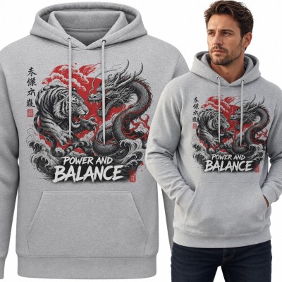 Bluza męska z kapturem - smok i tygrys w japońskim stylu „Power and Balance”
