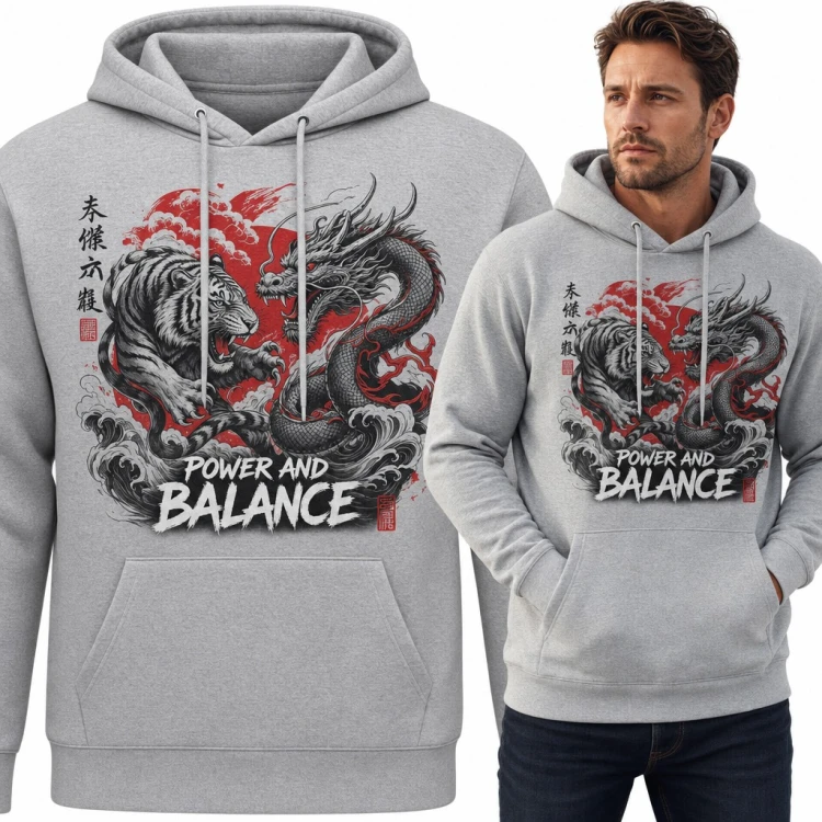 Bluza męska z kapturem - smok i tygrys w japońskim stylu „Power and Balance”