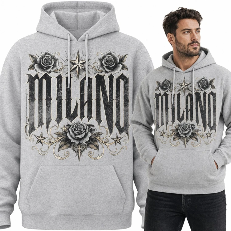Bluza męska z kapturem - gotycki napis „Milano” z różami i gwiazdami