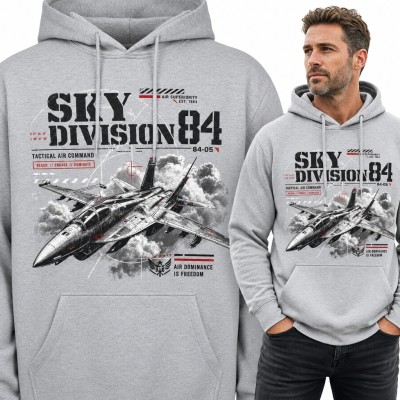 Bluza męska z kapturem „Sky Division 84” - myśliwiec w chmurach dla fana lotnictwa