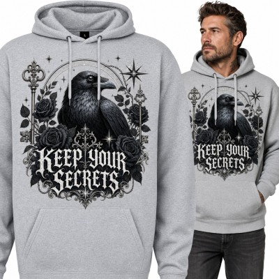 Bluza męska z kapturem - gotycki kruk z kluczami i czarnymi różami „Keep your secrets”
