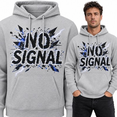 Bluza męska z kapturem „No Signal” - napis glitch z pikselami i błyskawicami