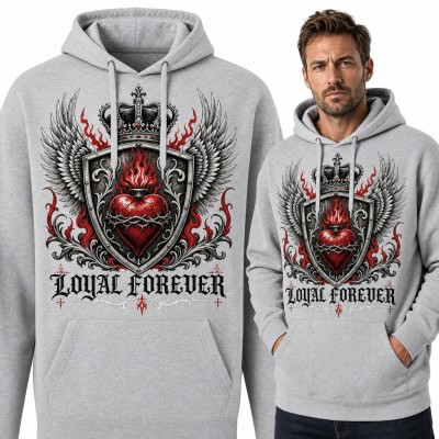 Bluza męska z kapturem - płonące serce na tarczy ze skrzydłami i koroną „Loyal forever”