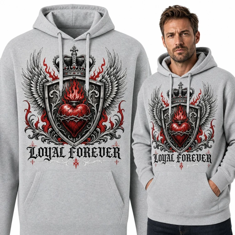 Bluza męska z kapturem - płonące serce na tarczy ze skrzydłami i koroną „Loyal forever”