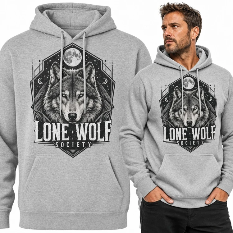 Bluza męska z kapturem - wilk pod pełnią księżyca „Lone Wolf Society”