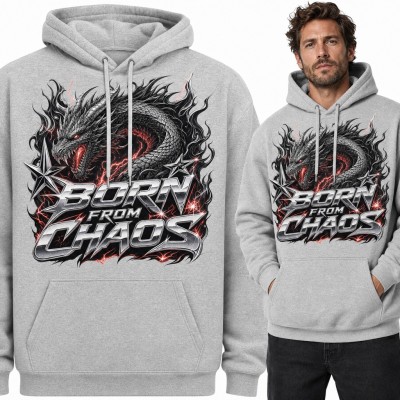 Bluza męska z kapturem - smok w czarnych płomieniach „Born from Chaos”