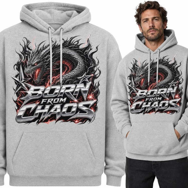 Bluza męska z kapturem - smok w czarnych płomieniach „Born from Chaos”