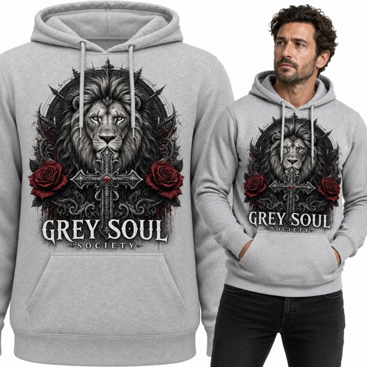 Bluza męska z kapturem - gotycki lew z krzyżem i różami „Grey Soul Society”