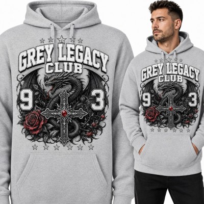 Bluza męska z kapturem - „Grey Legacy Club” z czarnym smokiem i gotyckim krzyżem