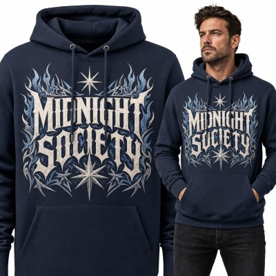 Bluza męska z kapturem - metalowy napis „Midnight Society” z płomieniami i gwiazdami