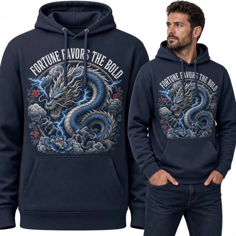 Bluza męska z kapturem - japoński smok z błyskawicami „Fortune favors the bold”