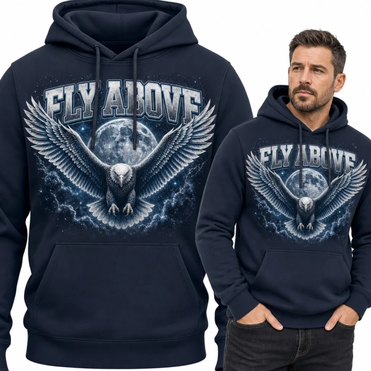 Bluza męska z kapturem - orzeł na tle księżyca z napisem „Fly above”