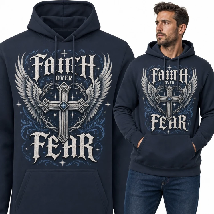 Bluza męska z kapturem - „Faith over fear” z krzyżem i skrzydłami anioła