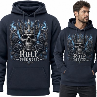 Bluza męska z kapturem - czaszka w koronie z czarnymi różami „Rule Your World”