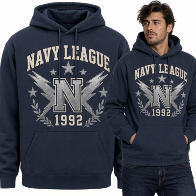 Bluza męska z kapturem - „Navy League 1992” z literą N i błyskawicami w stylu college