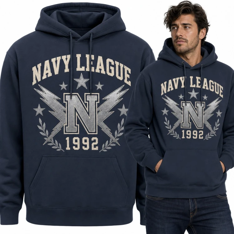 Bluza męska z kapturem - „Navy League 1992” z literą N i błyskawicami w stylu college