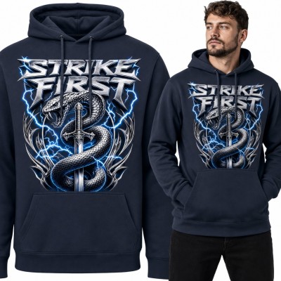 Bluza męska z kapturem - wąż na mieczu i błyskawice „Strike First”