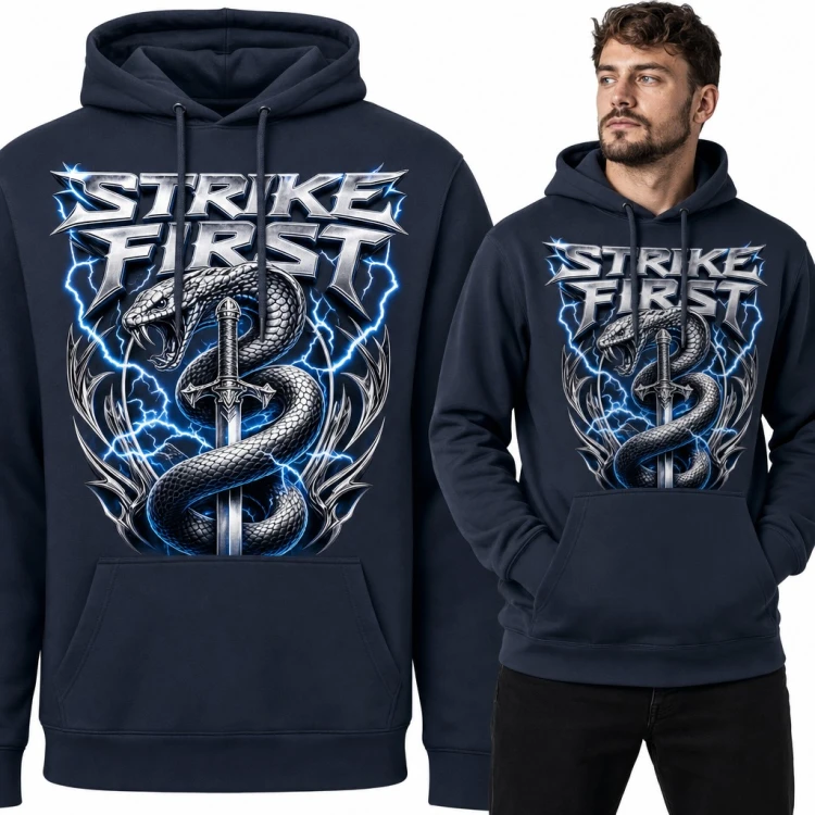 Bluza męska z kapturem - wąż na mieczu i błyskawice „Strike First”