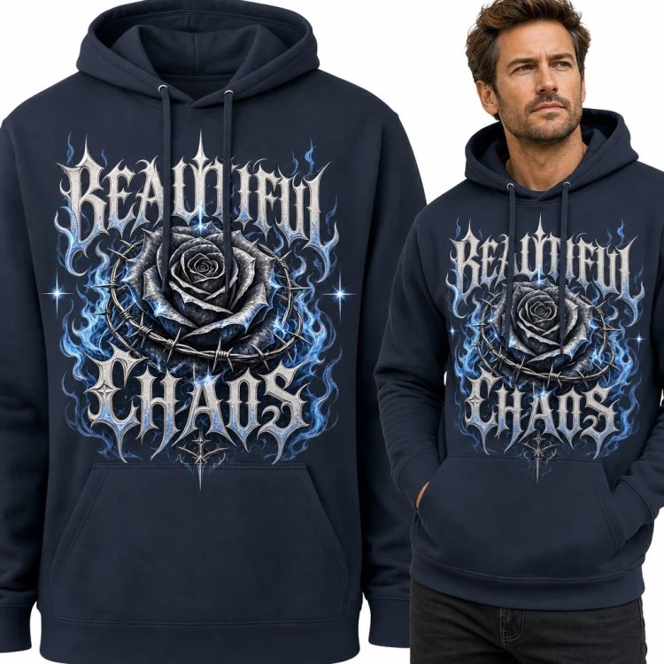 Bluza męska z kapturem „Beautiful chaos” - czarna róża w drucie kolczastym