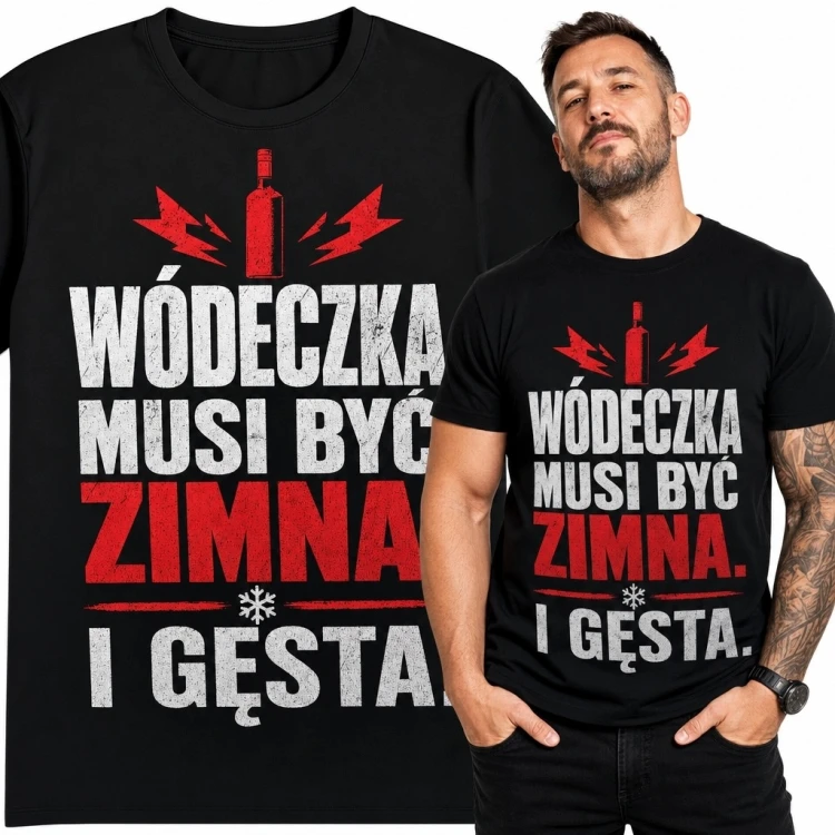 Koszulka męska z nadrukiem „Wódeczka musi być zimna i gęsta” - humor o wódce