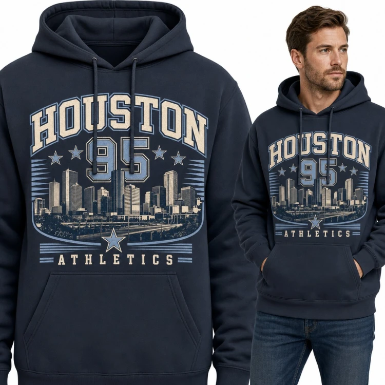 Bluza męska z kapturem „Houston 95 Athletics” - panorama miasta w stylu college