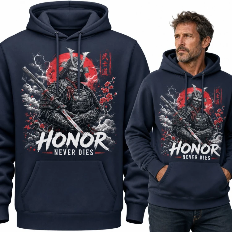 Bluza męska z kapturem - samuraj z kataną na tle czerwonego słońca „Honor never dies”