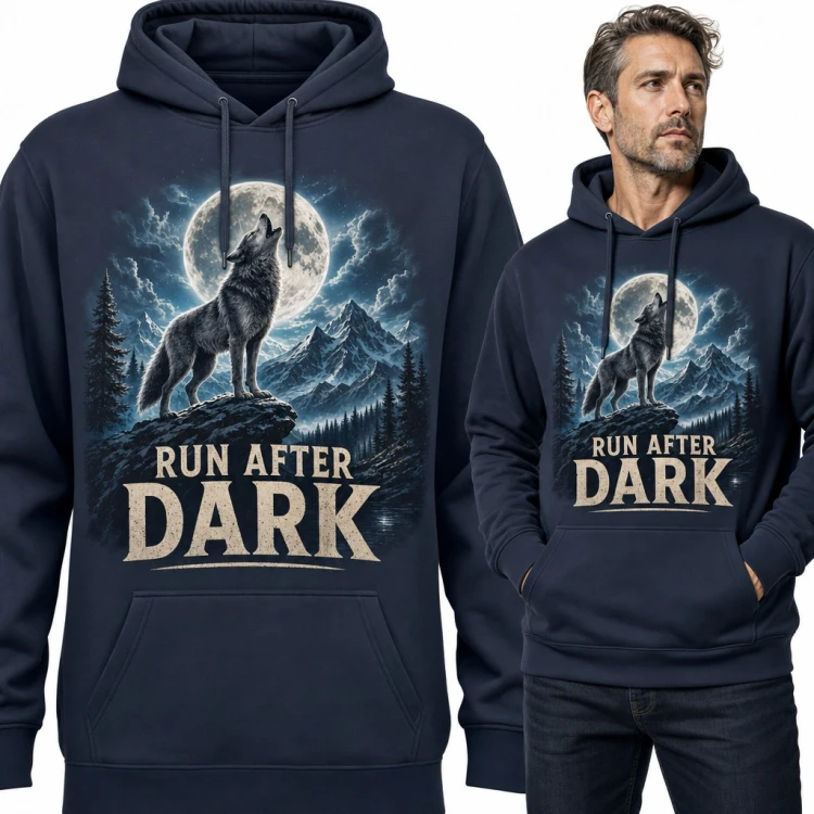 Bluza męska z kapturem - wyjący wilk w pełni księżyca „Run after dark”