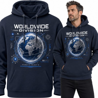 Bluza męska z kapturem „Worldwide Division” - kula ziemska w kosmosie z orbitami