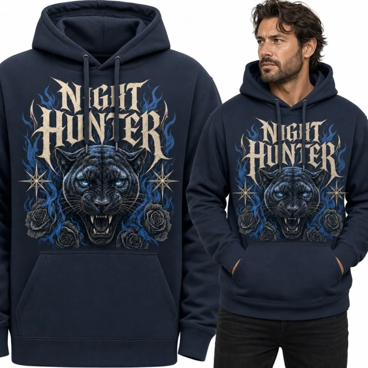 Bluza męska z kapturem - czarna pantera i róże „Night Hunter”